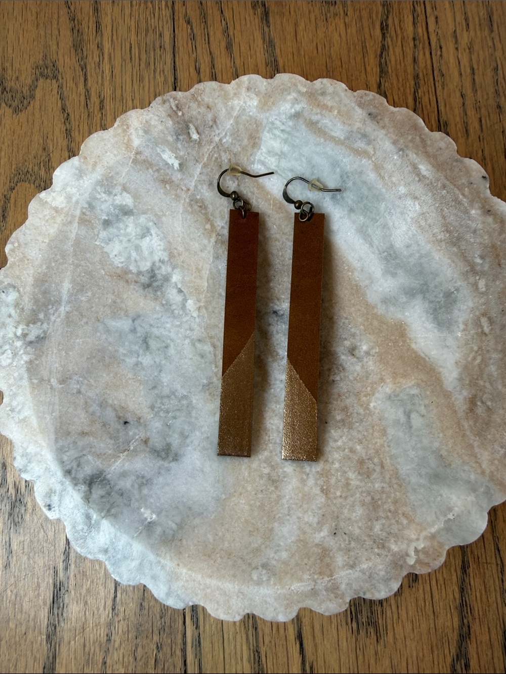 Artisan Handcrafted Tan Leather Drop Bar Lightweight Earrings - Picture 2 of 7